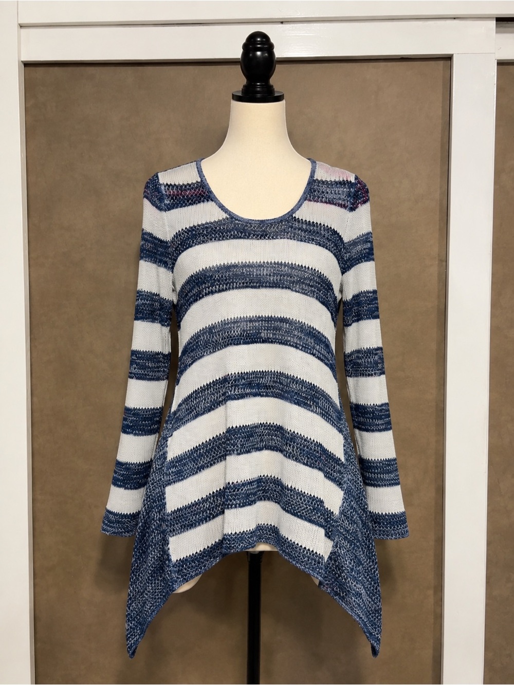 ONE WORLD Blue and White Striped Handkerchief-Hem Sweater